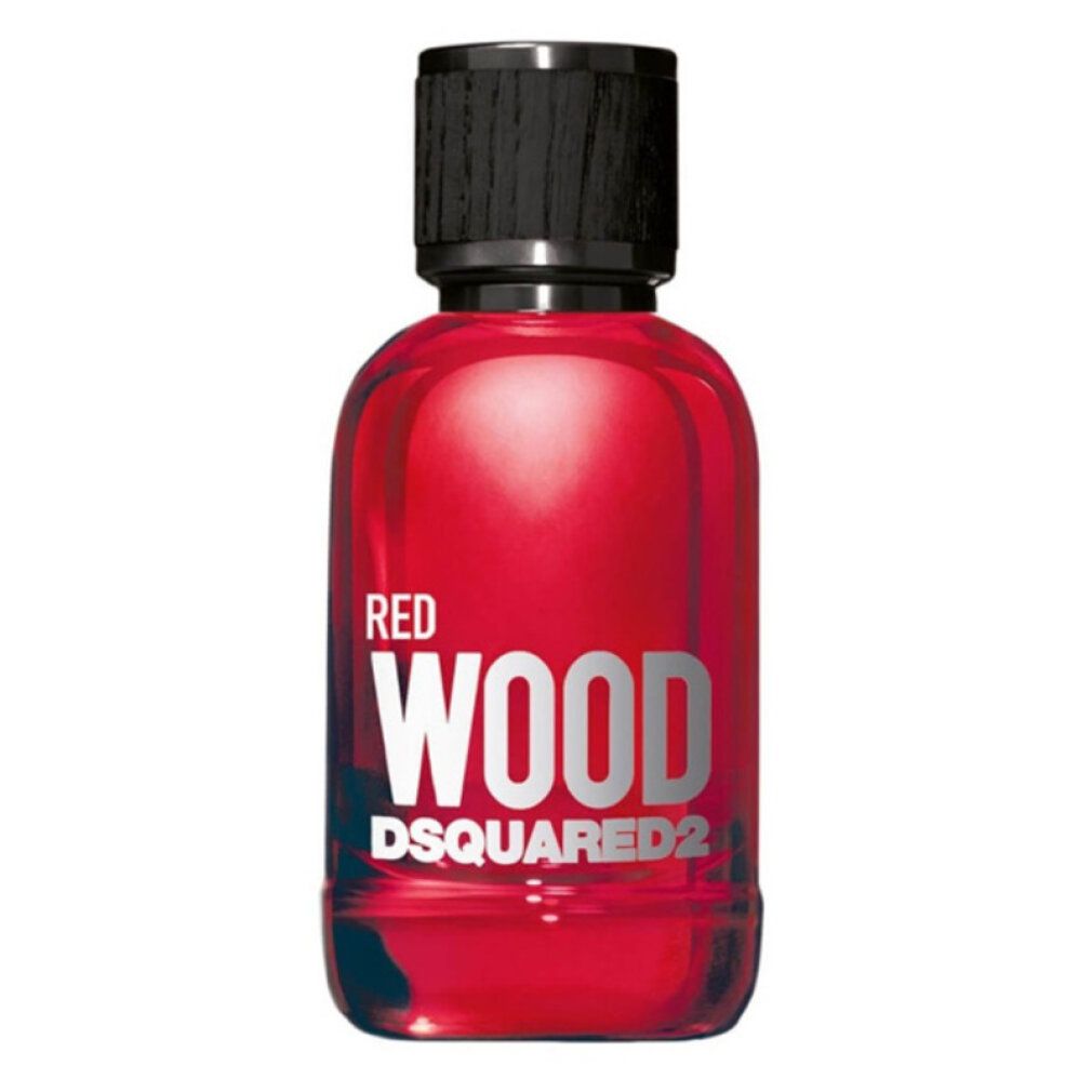 Flacone rosso con tappo nero. Scritta: RED WOOD Dsquared2. Contenuto liquido rosso trasparente.