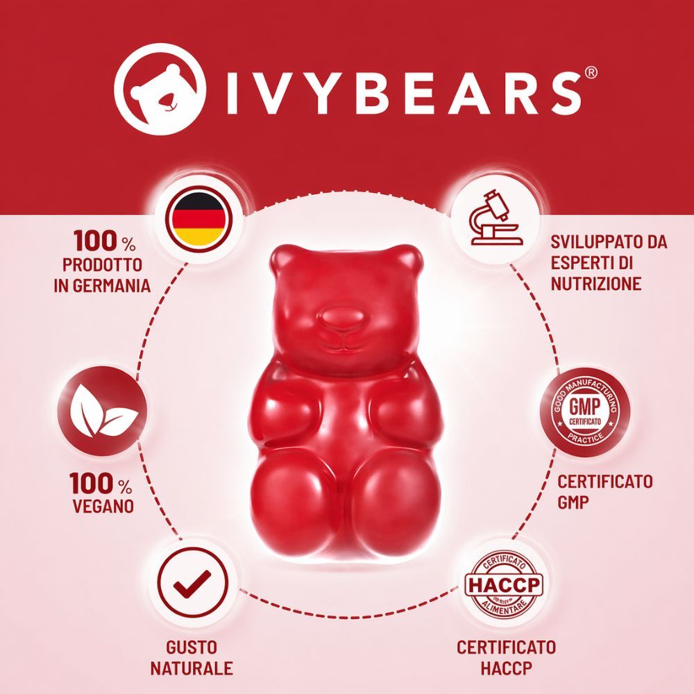 Orsetto gommoso rosso su sfondo rosso. Disposizione circolare con loghi e testi: 100% vegano, certificato GMP, certificato HACCP.