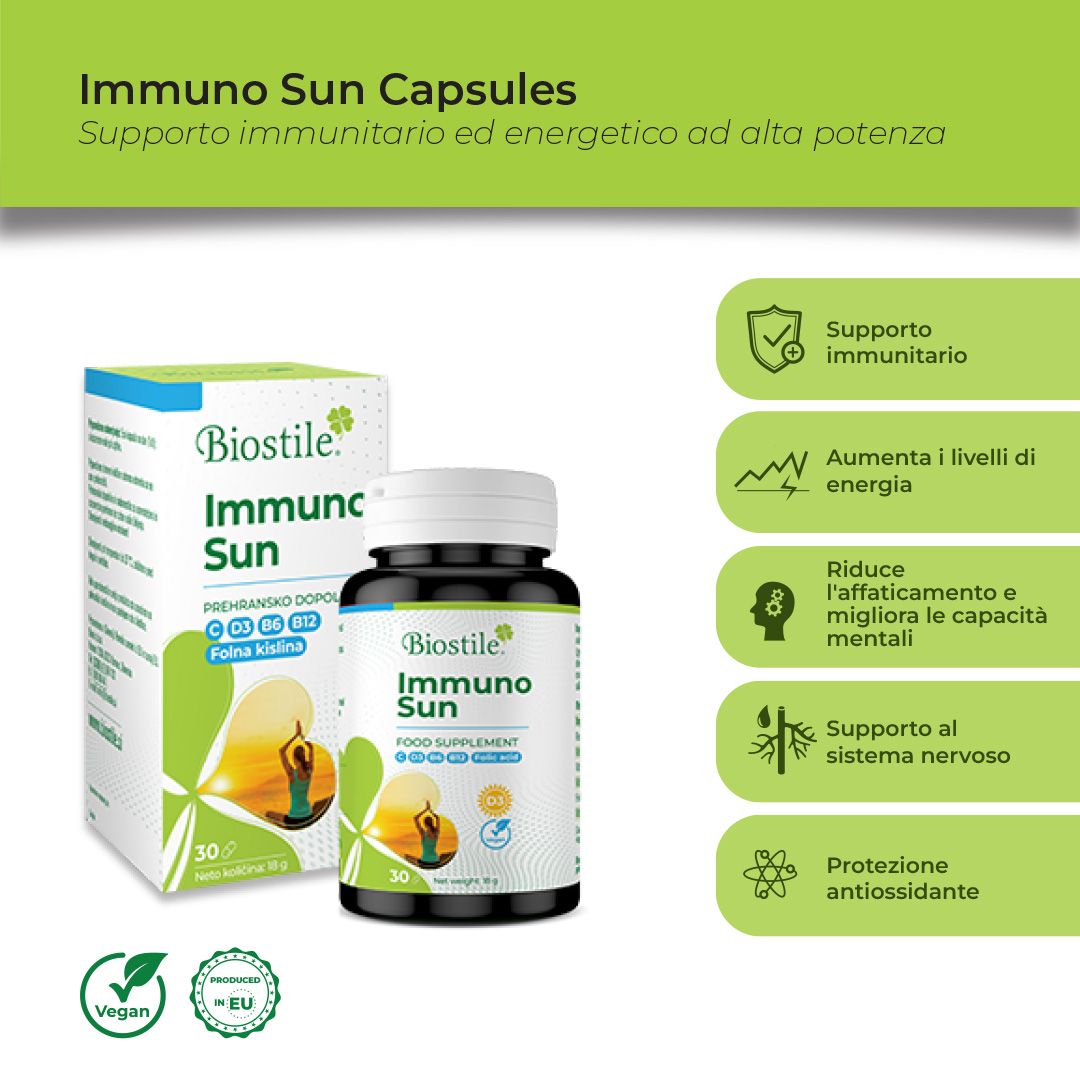 Confezione e flacone del prodotto. Testo: Immuno Sun Capsules. Supporta il sistema immunitario e l'energia. 30 capsule.