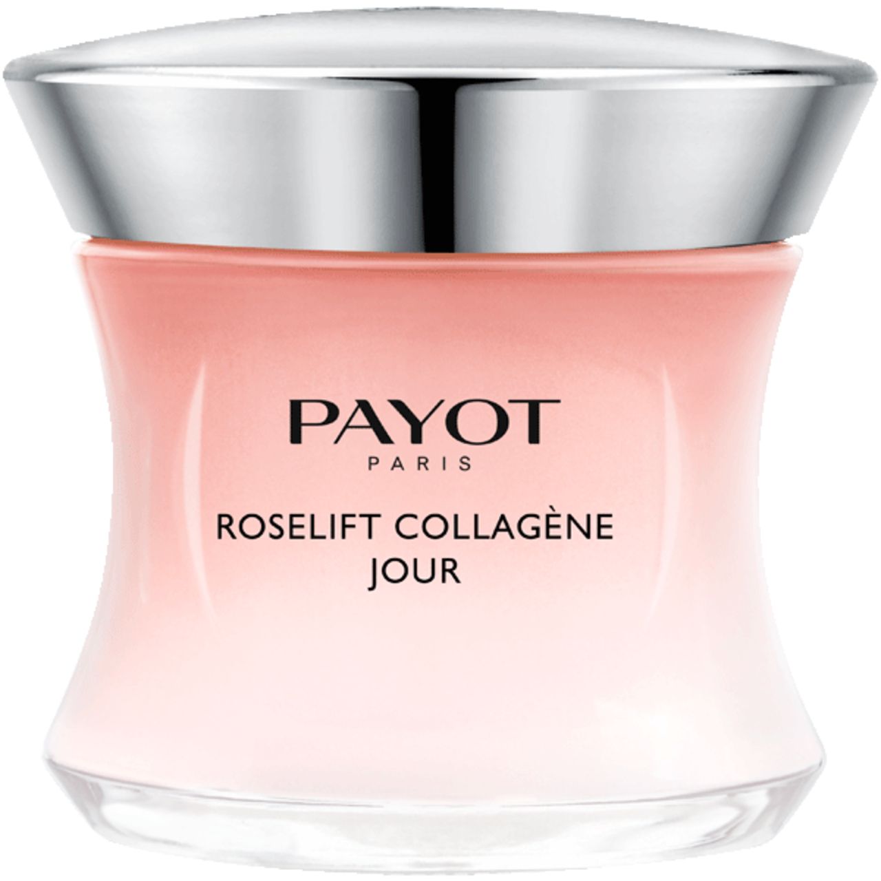Vaso di crema con coperchio argentato. Scritta PAYOT PARIS e ROSE LIFT COLLAGÈNE JOUR.