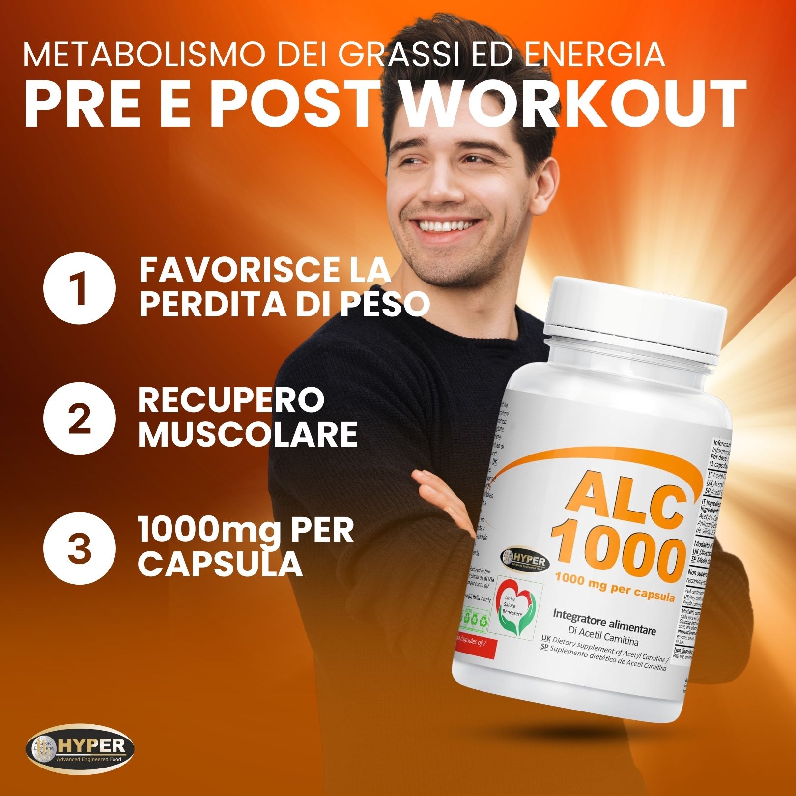 Flacone bianco ALC 1000. Testo: 1000mg per capsula, favorisce la perdita di peso, recupero muscolare. Uomo sorridente.