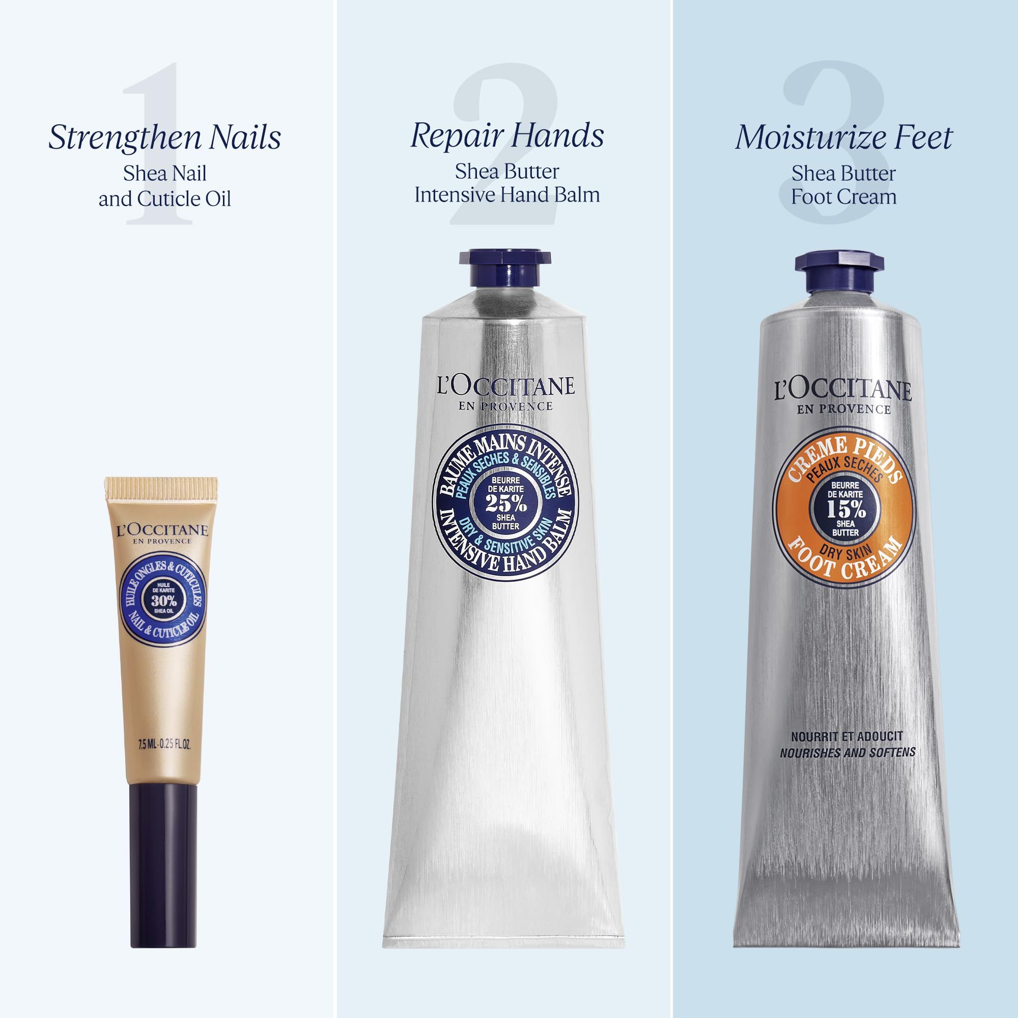 Tre prodotti L'Occitane: olio per unghie, balsamo per mani e crema per piedi.