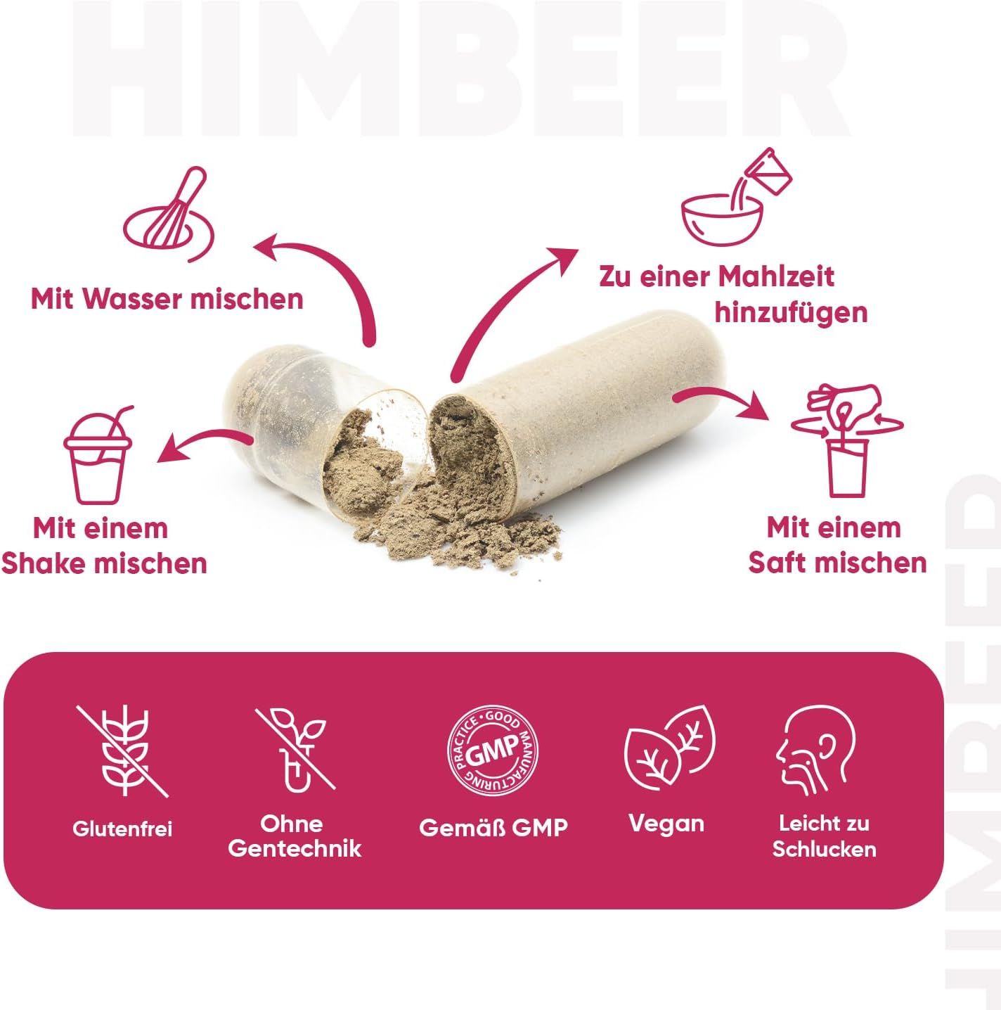 Capsula con polvere. Simboli: Senza glutine, Senza OGM, Conforme GMP, Vegano, Facile da deglutire.