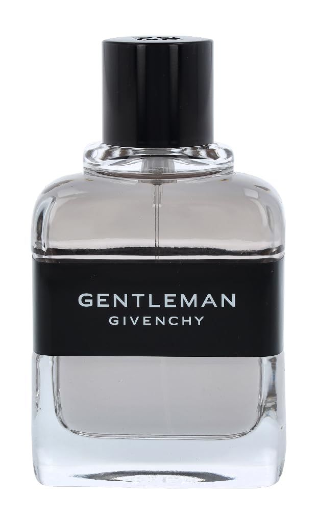 Flacone Givenchy Gentleman Eau de Toilette. Forma quadrata, tappo nero, fascia nera con scritta.