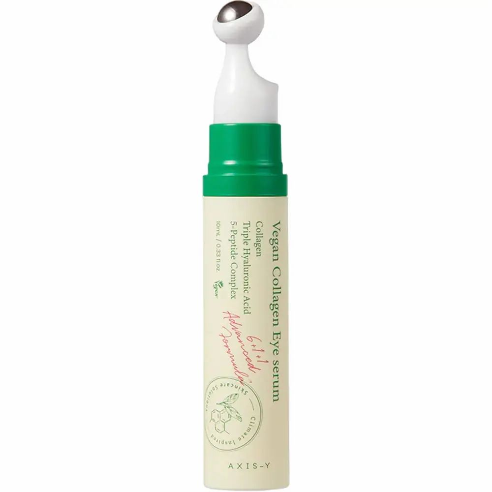 Siero occhi con applicatore roll-on. Informazioni sul prodotto sull'etichetta. AXIS-Y Vegan Collagen Eye Serum.