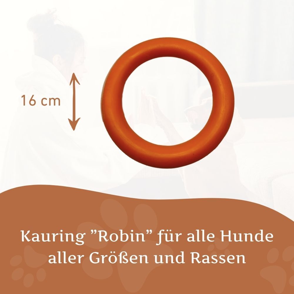 Anello da masticare arancione con indicazione della misura 16 cm. Testo: Kauriing Robin per tutti i cani di tutte le taglie e razze.