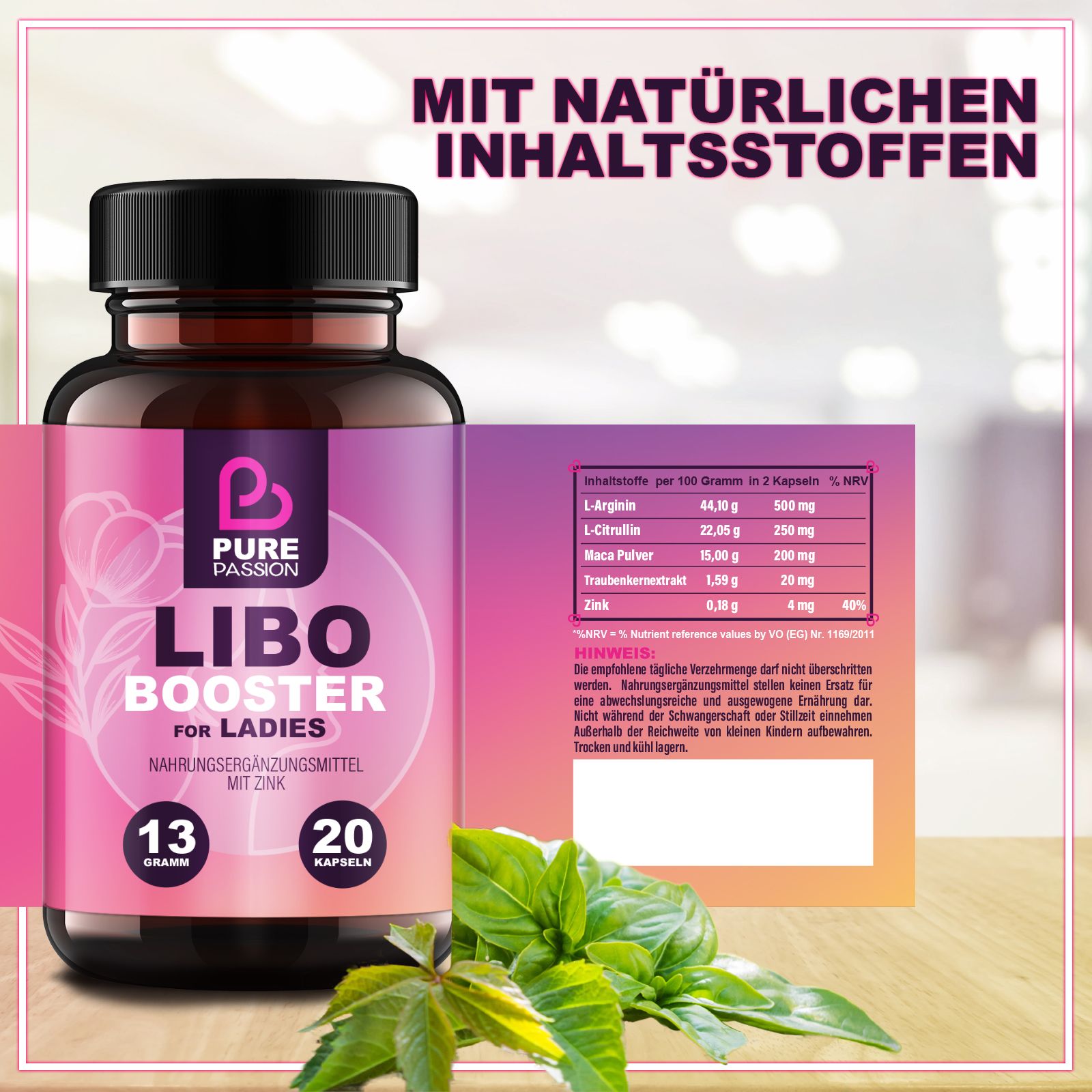 Flacone di Libo Booster. Testo: Con ingredienti naturali. Tabella degli ingredienti.