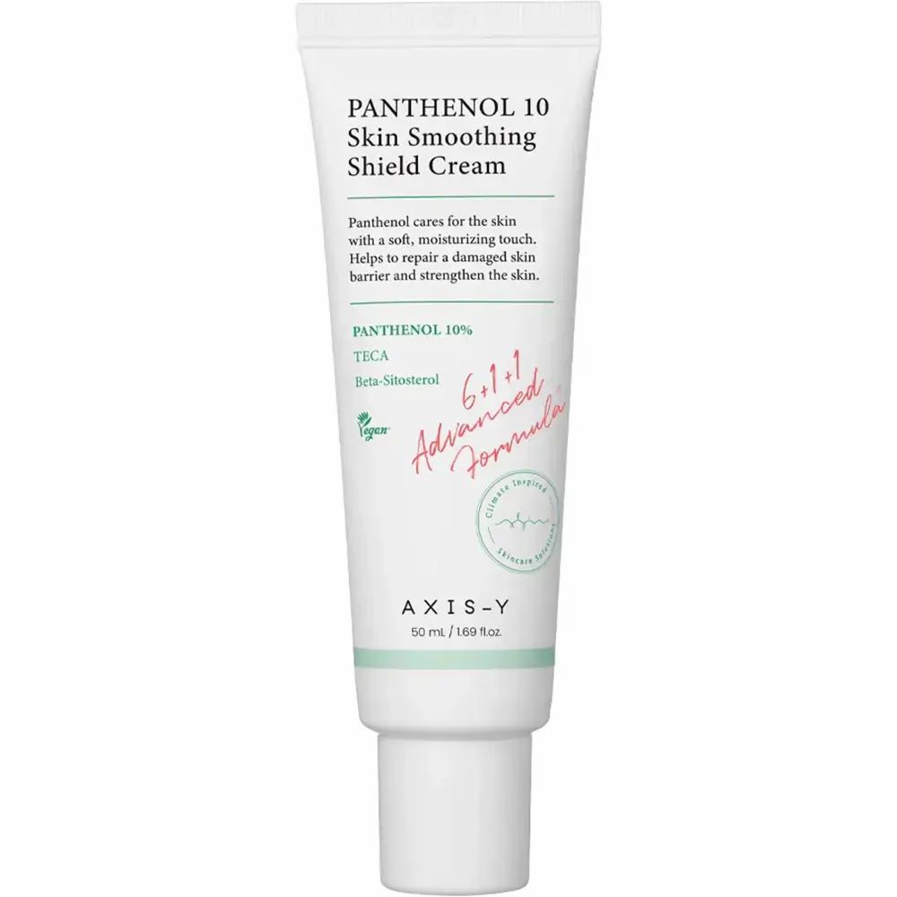 Tubo 'Panthenol 10 Skin Smoothing Shield Cream' con testo. Su sfondo bianco.