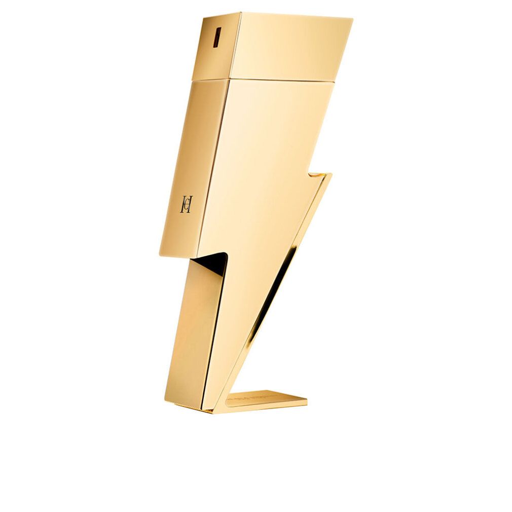 Flacone dorato a forma di fulmine. Scritta: H. Il flacone è su una piccola base.