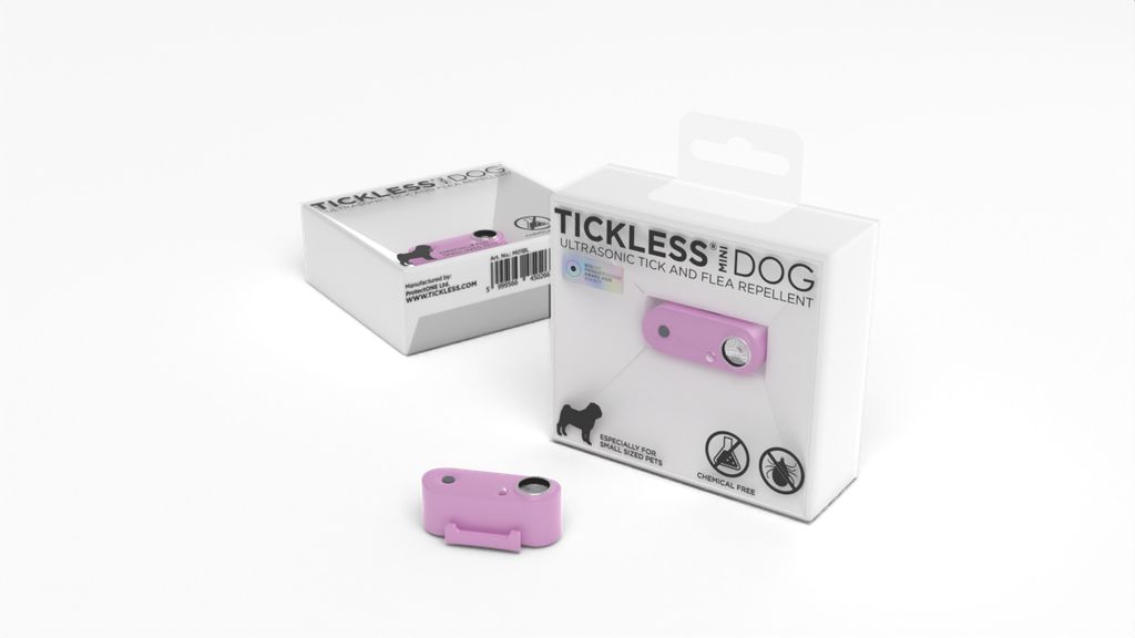 Tickless Mini Dog, dispositivo rosa e confezione. Scatola aperta, nome e loghi visibili. Repellente ultrasuoni zecche e pulci.