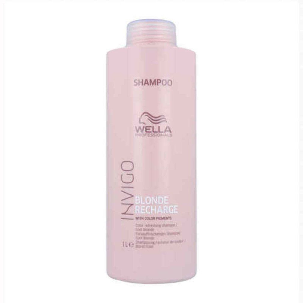 Flacone di shampoo rosa con INVIGO, BLONDE RECHARGE, Wella Professionals. Testo: Color refreshing shampoo. 1l.