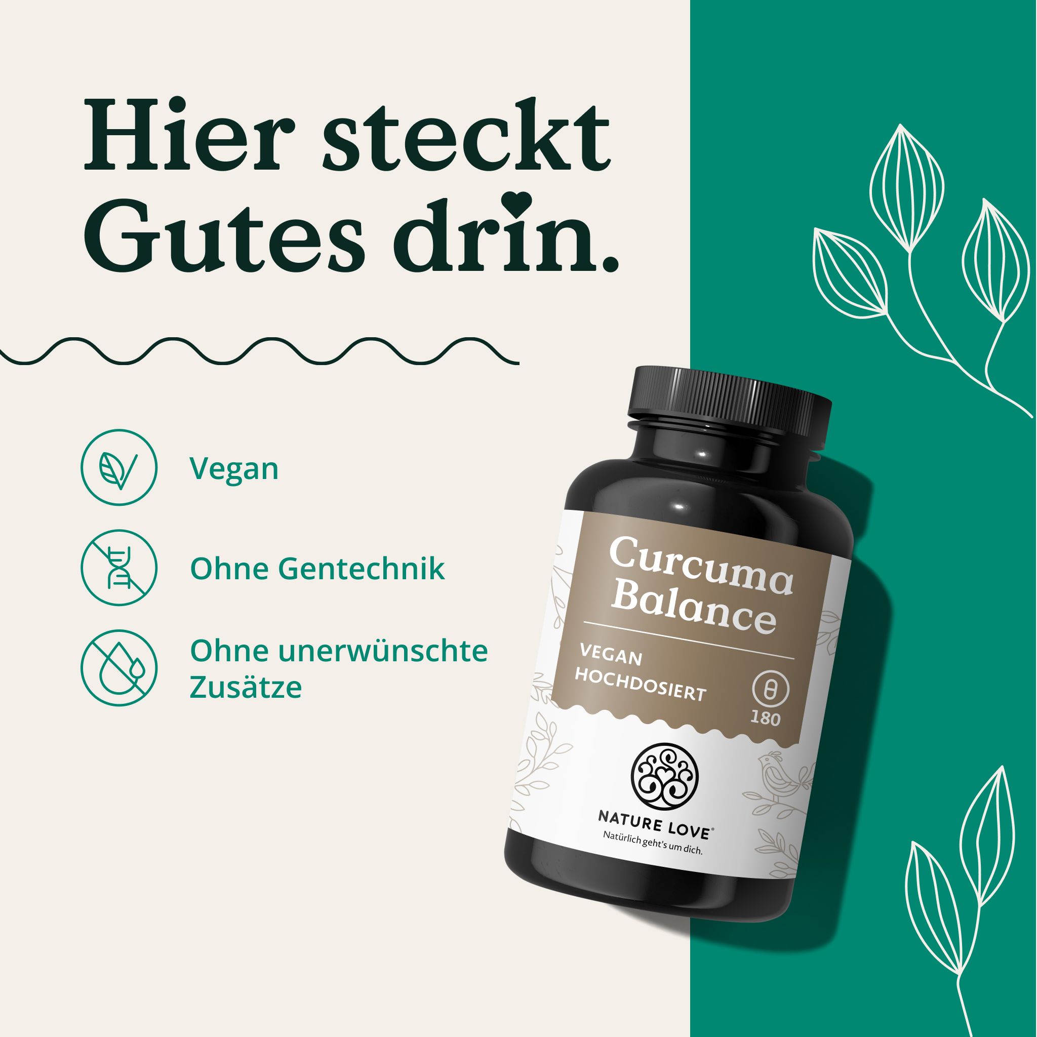 Flacone Curcuma Balance, vegan, ad alto dosaggio. Sigilli: Vegano, Senza OGM, Senza additivi indesiderati.