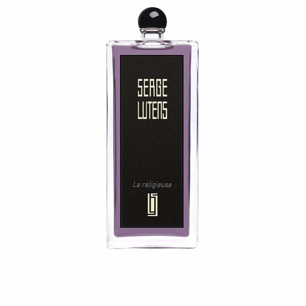 Flacone Serge Lutens La Religieuse EdP. Flacone rettangolare trasparente, etichetta nera e testo. Tappo nero.