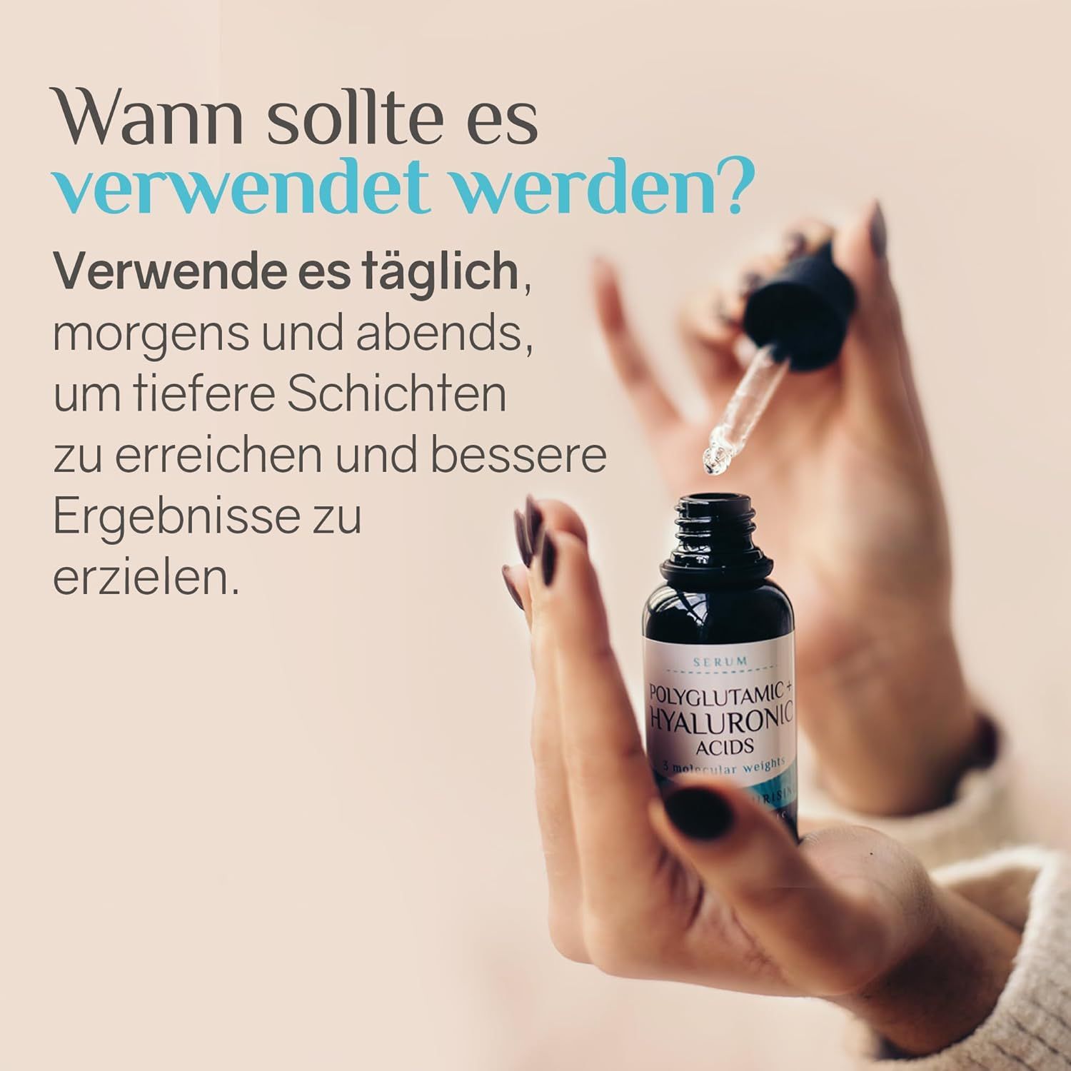 Mani che tengono un flacone di siero. Testo: Quando usarlo? Mattina e sera per gli strati più profondi.