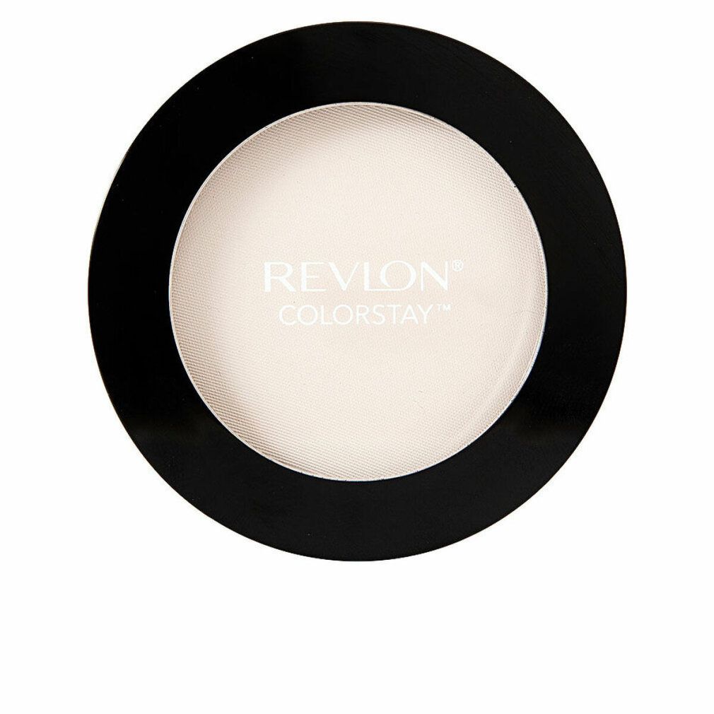 Cipria compatta rotonda nera con polvere bianca. REVLON COLORSTAY è scritto sulla polvere. La cipria è in un astuccio nero.