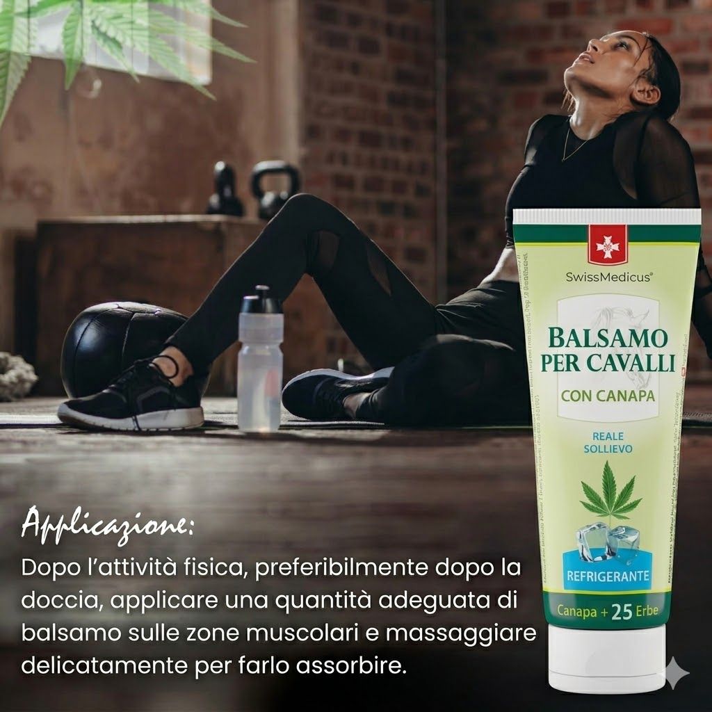 Persona dopo lo sport. Tubo con scritta: Balsamo per Cavalli con Canapa, logo SwissMedicus. Rinfrescante. Borraccia.
