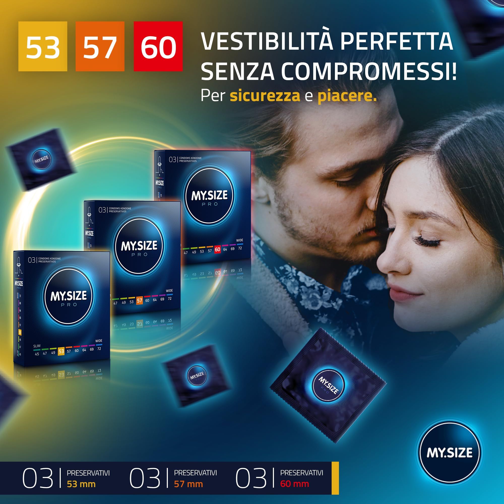 Tre confezioni di preservativi My.Size PRO, misure 53, 57 e 60 mm.