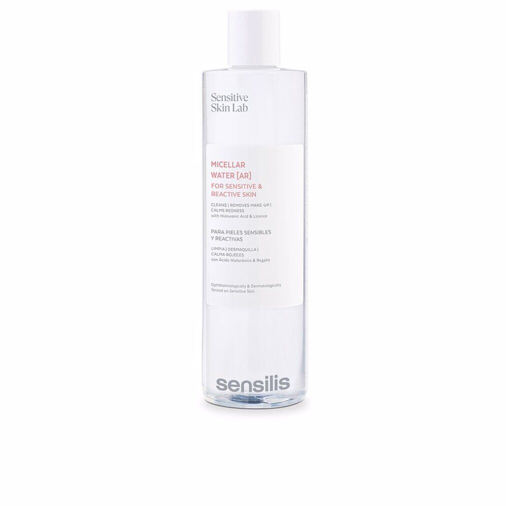 Flacone trasparente con tappo bianco. Etichetta con informazioni prodotto. Sensilis Micellar Water [AR] per pelli sensibili.