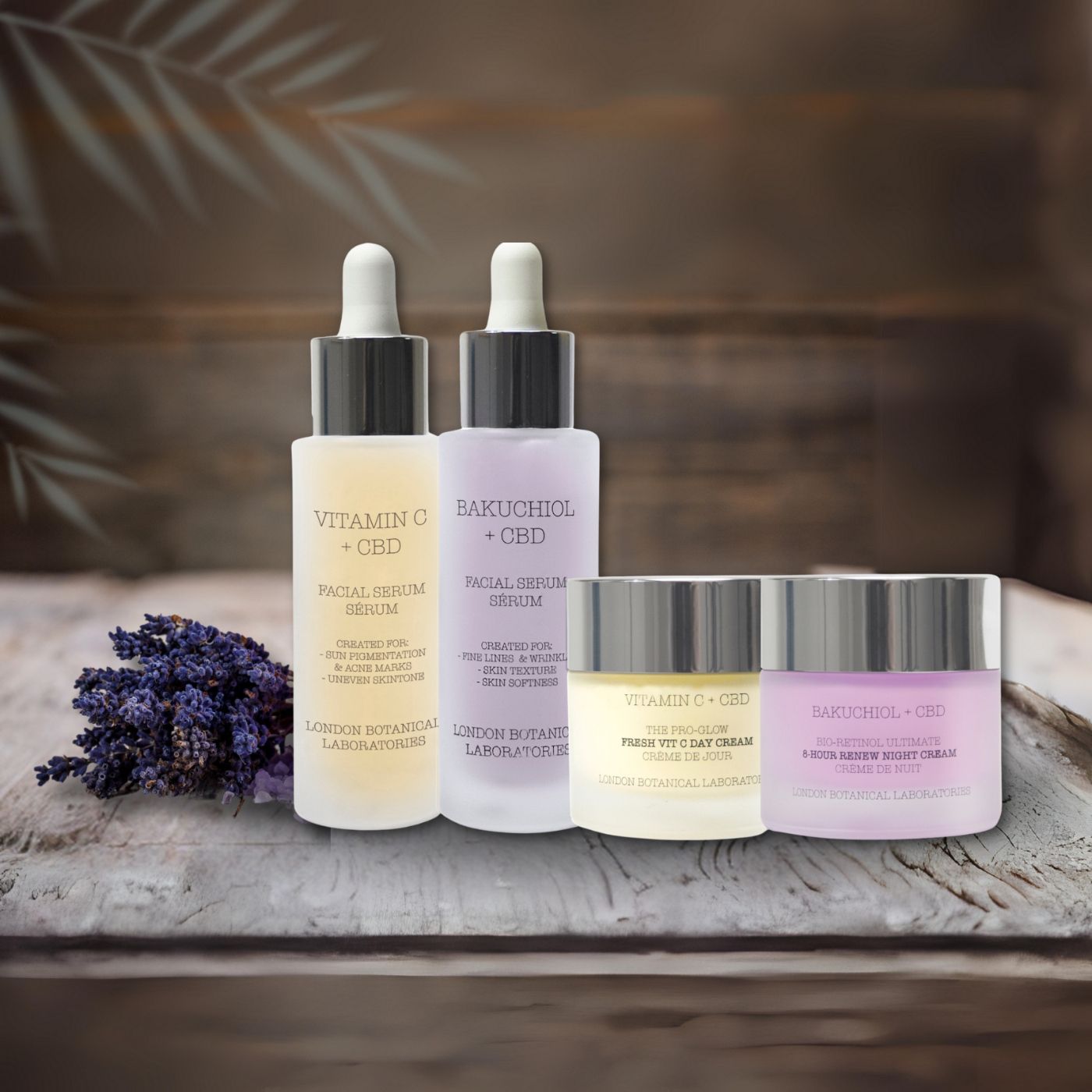 Set per la cura del viso con due sieri e due creme. Scritte: Vitamina C + CBD, Bakuchiol + CBD, crema giorno e notte. Lavanda.