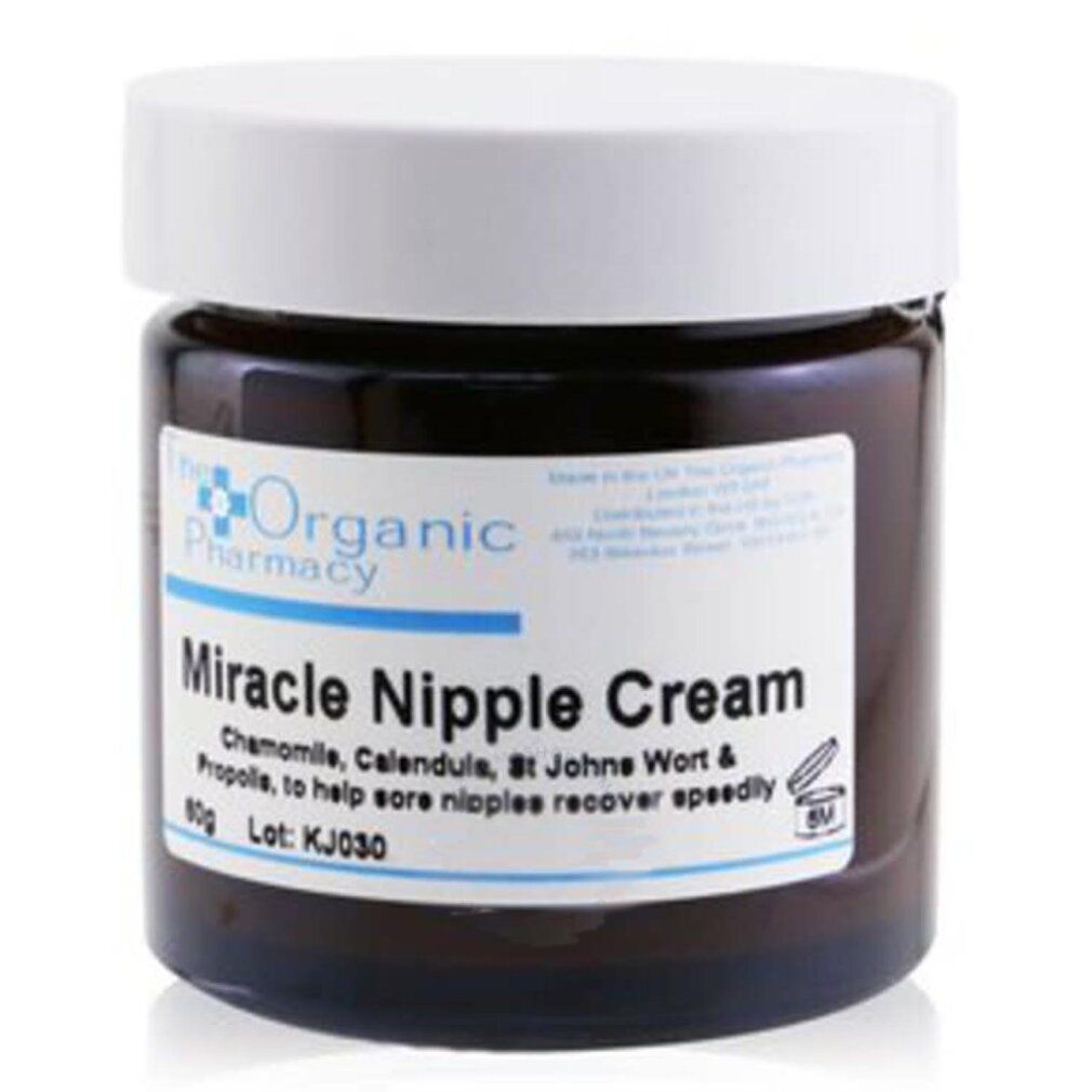 Vasetto in vetro marrone con coperchio bianco. Etichetta con nome del prodotto e logo. Scritta: Miracle Nipple Cream, 80g.