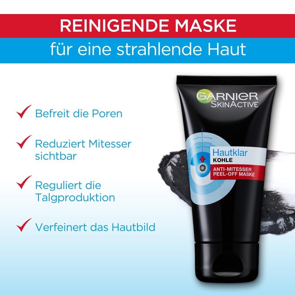 Garnier SkinActive Hautklar Kohle Maschera peel-off. Testo: Maschera detergente per una pelle radiosa. Quattro segni di spunta rossi.