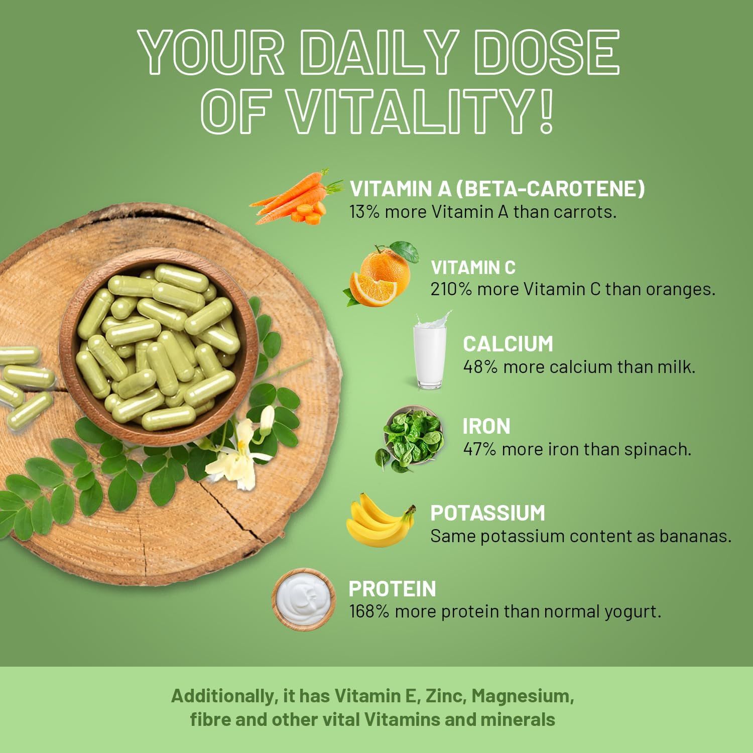 Fetta di legno con una ciotola piena di capsule verdi. Grafico con vitamine e minerali contenuti nella Moringa, come vitamina A, C, calcio, ferro, potassio e proteine.