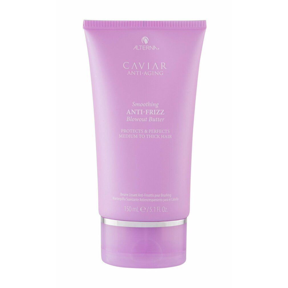 Tubo lilla con testo. Anello argentato alla base. Nome prodotto: Caviar Anti-Aging Smoothing Anti-Frizz Blowout Butter.