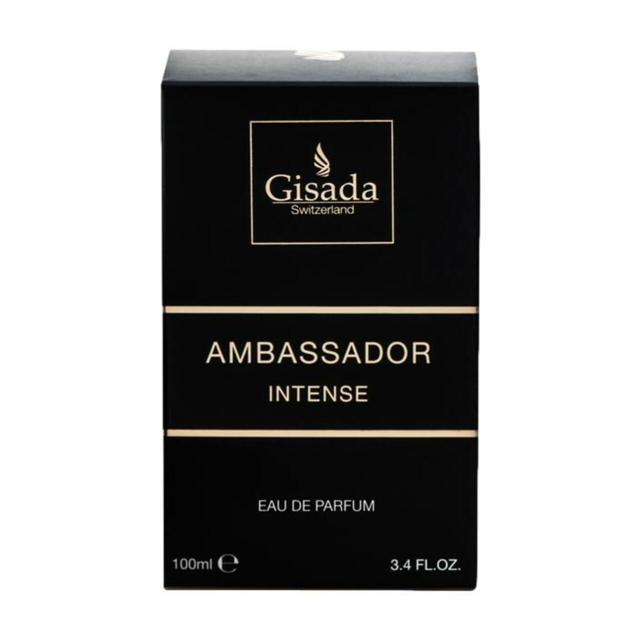 Confezione nera con scritta dorata. Scritta: Gisada Switzerland, Ambassador Intense, Eau de Parfum. 100ml.