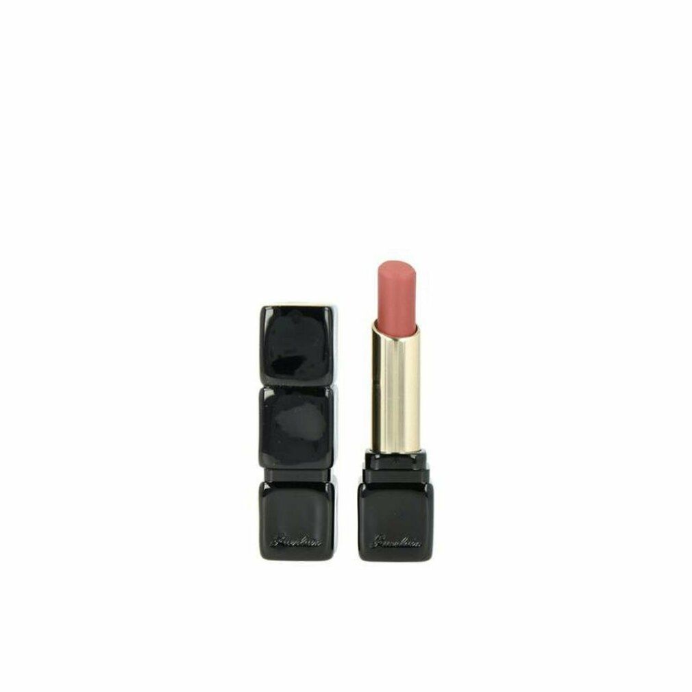 Rossetto con custodia nera e stick dorato. Il rossetto è aperto e rosa chiaro. Il cappuccio è accanto.