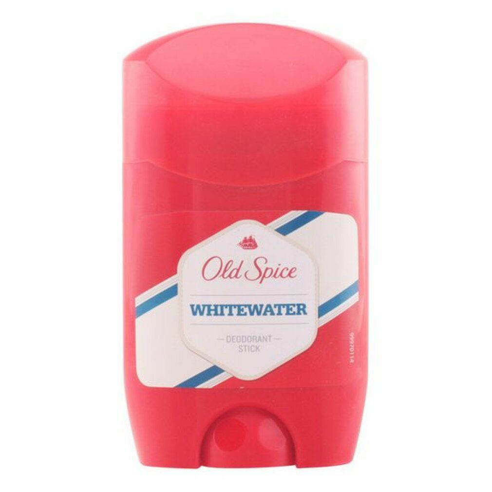 Stick deodorante rosso con etichetta bianca. Scritta: Old Spice Whitewater. Strisce blu e bianche.