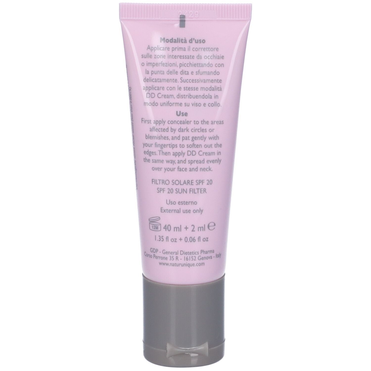 Retro del tubo rosa con testo. Contiene: Modialità d'uso, Filtro Solare SPF 20, 40 ml + 2 ml e.