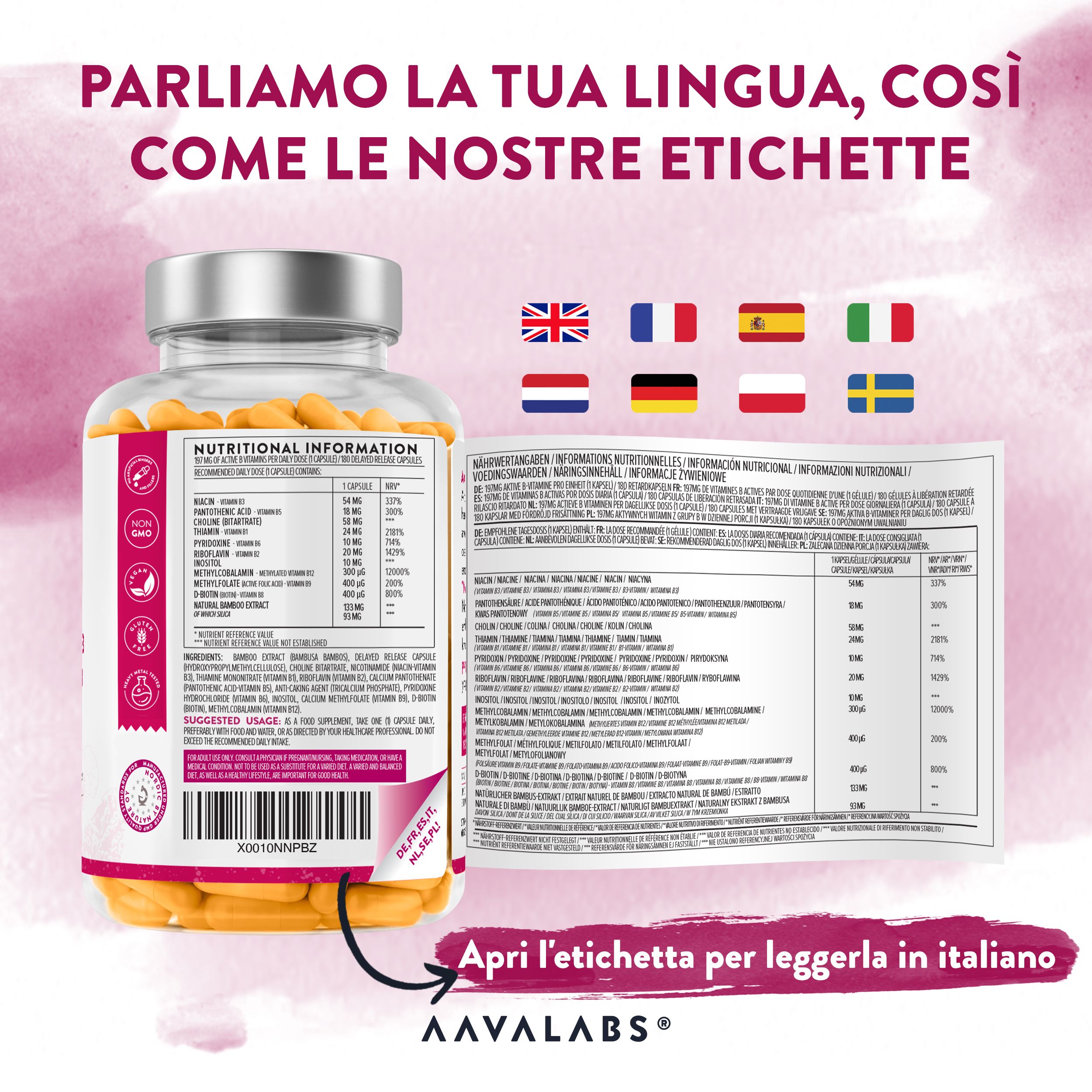 Flacone con capsule gialle ed etichetta. Bandiere di paesi. Testo in diverse lingue.
