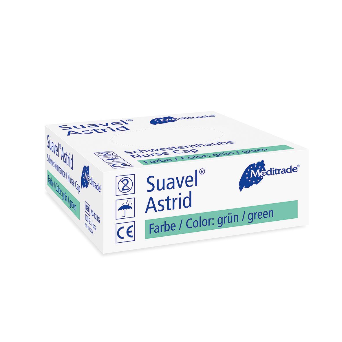 Confezione del cappello da infermiera Meditrade Suavel® Astrid verde. Marchio CE visibile.