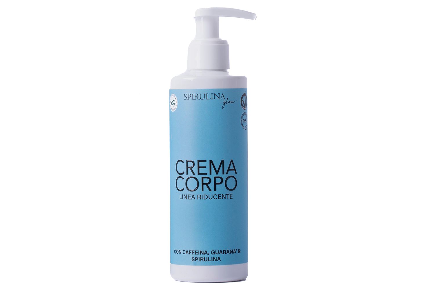 Flacone blu con dispenser. Scritta: Crema Corpo, Linea Riducente. Contiene caffeina, guaranà e spirulina.
