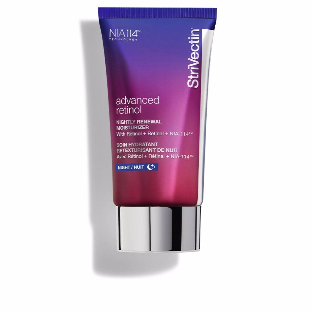 Tubo "Strivectin Advanced Retinol Nightly Renewal Moisturizer". Sfumatura viola-rossa, tappo argento, testo.