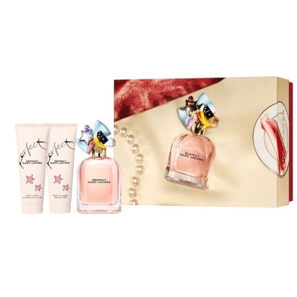 Set profumo Marc Jacobs Perfect con flacone e due prodotti per la cura del corpo.