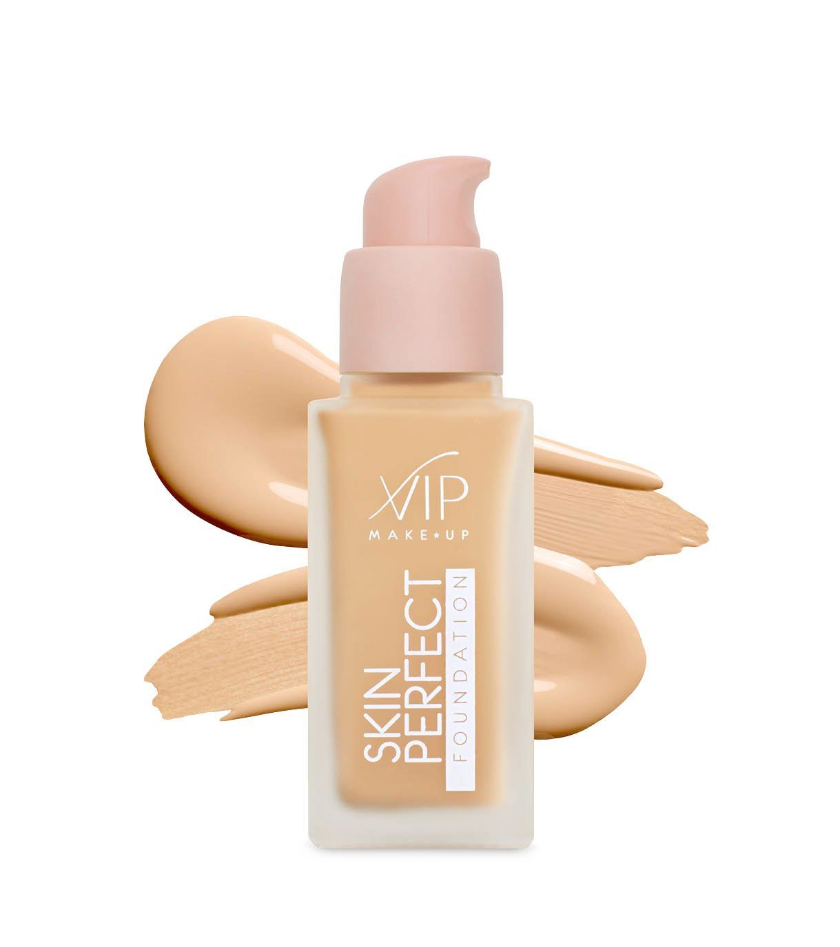 Flacone con pompa, etichetta "Skin Perfect Foundation", circondato da campioni di fondotinta.