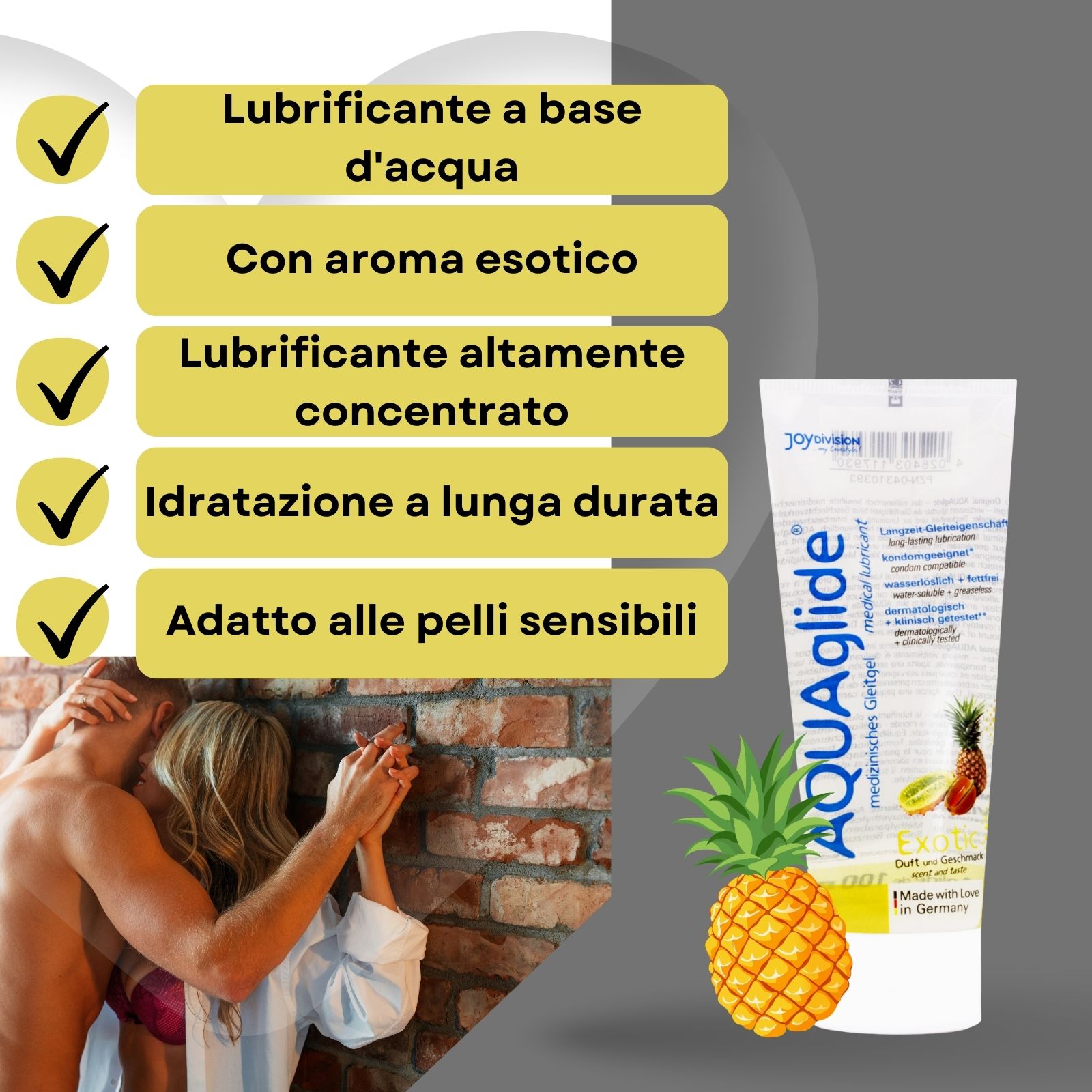 Tubo di gel lubrificante AQUAglide accanto al testo. Testo: A base d'acqua, aroma esotico, molto concentrato, idratazione a lunga durata, pelli sensibili.
