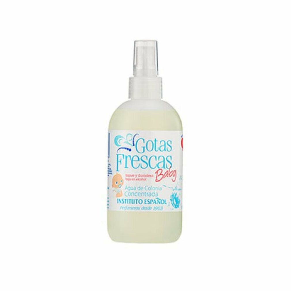 Flacone bianco con vaporizzatore. Scritta: Gotas Frescas Baby, Agua de Colonia Concentrada. INSTITUTO ESPAÑOL.