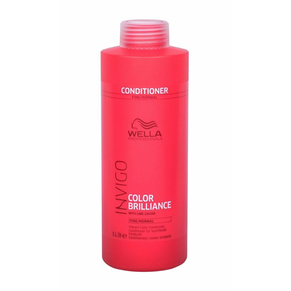 Flacone rosso con tappo bianco. Scritte: INVIGO, COLOR BRILLIANCE, CONDITIONER. Marchio: Wella.
