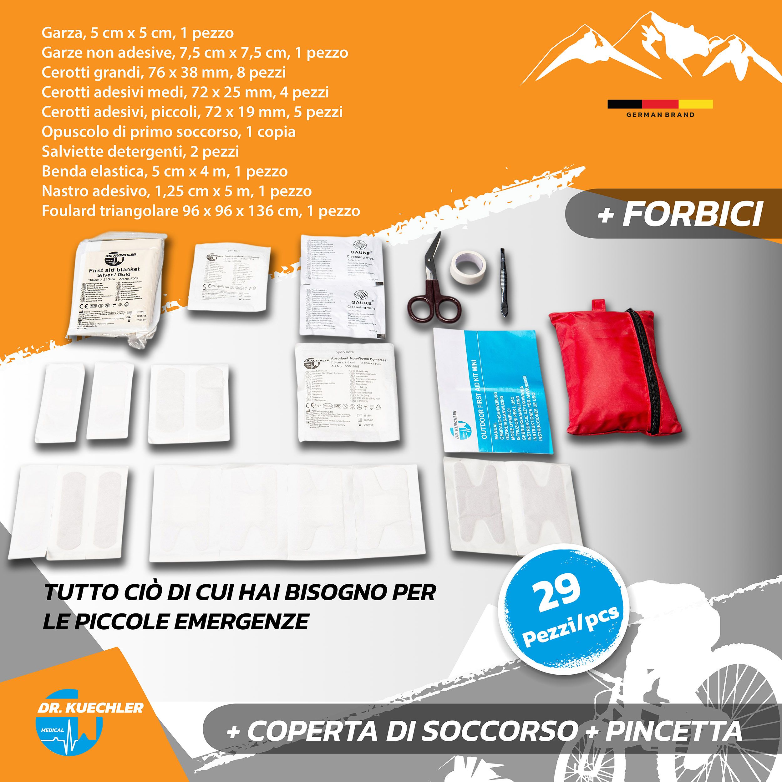 Contenuto del kit di pronto soccorso: bende, forbici, opuscolo, coperta termica, pinzette. 29 pezzi.
