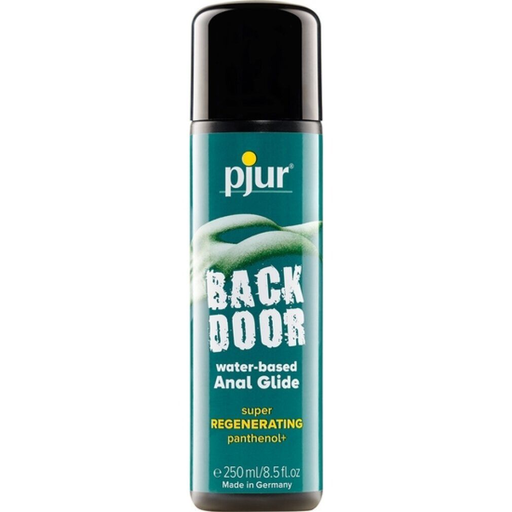 Flacone verde con tappo nero. Scritta: pjur, BACK DOOR, water-based Anal Glide, super regenerating panthenol+. Made in Germany. 250 ml/8.5 fl.oz.