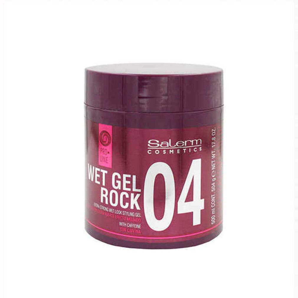 Barattolo rotondo bordeaux. Scritta: Wet Gel Rock 04. Marchio: Salerm Cosmetics. Con caffeina.