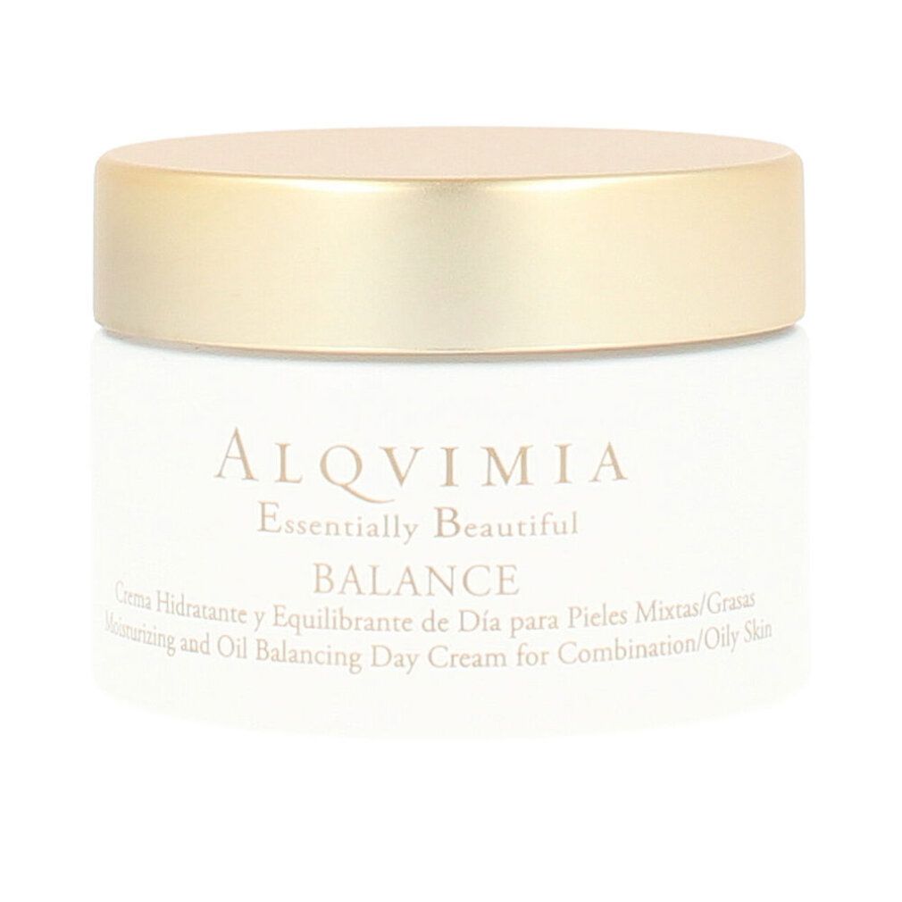 Vasetto di crema con coperchio dorato. Scritta: ALQVIMIA, BALANCE, Crema giorno idratante ed equilibrante.