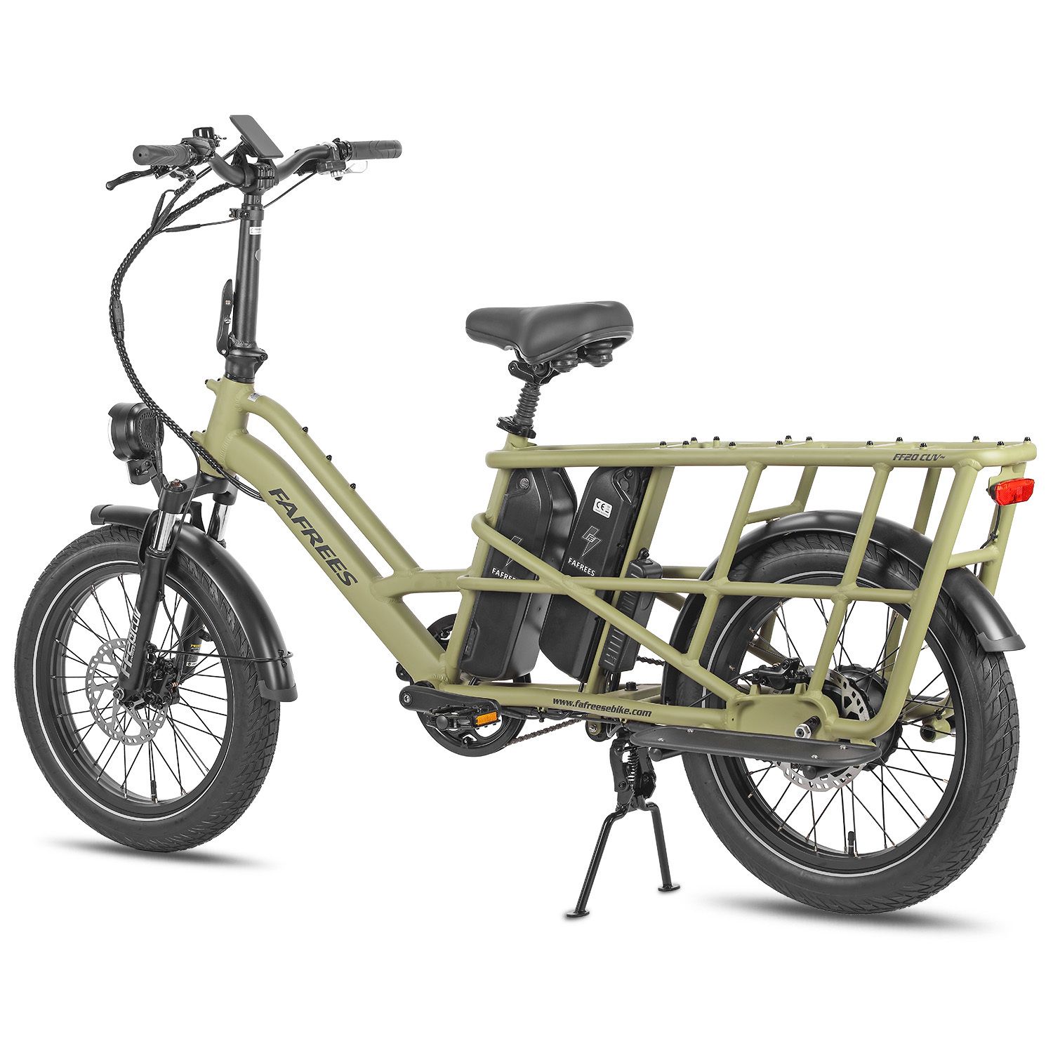 E-bike Fafrees FF20 CUV verde. Portapacchi, due batterie, fanale posteriore, pneumatici e sella neri.