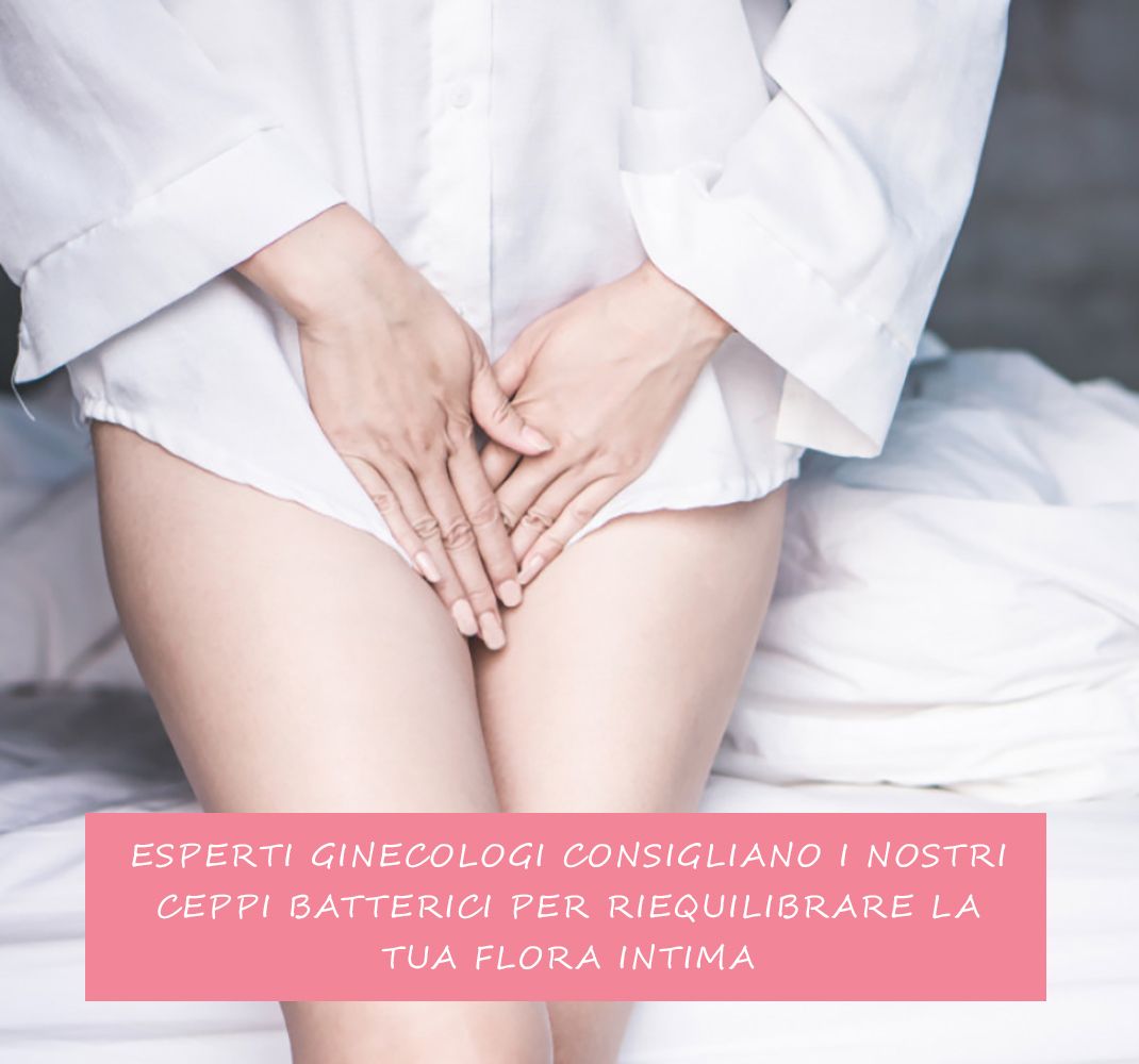 Donna con le mani sul grembo. Testo: Ginecologi consigliano i nostri ceppi batterici per riequilibrare la tua flora intima.