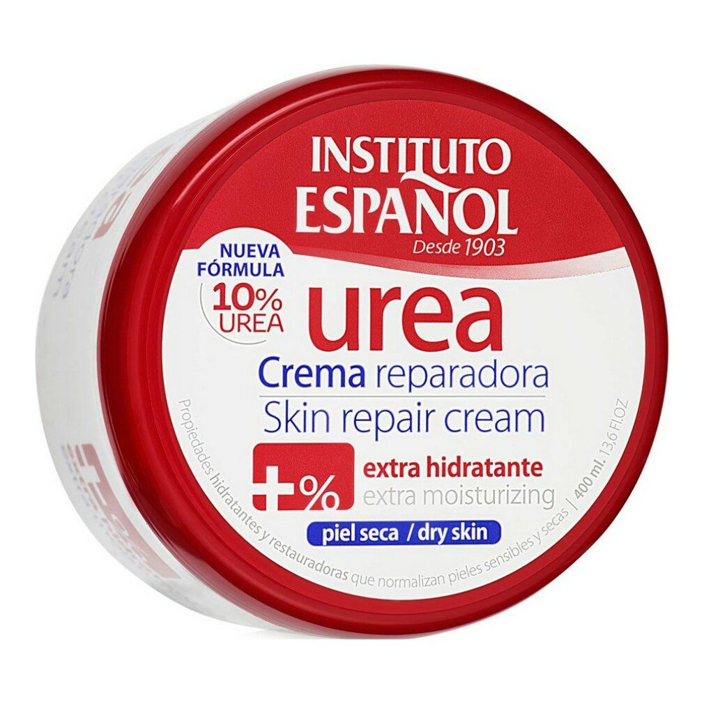 Barattolo rotondo con coperchio rosso. Scritta: Instituto Español, Urea, Crema riparatrice, Skin repair cream. 10% Urea, extra idratante.