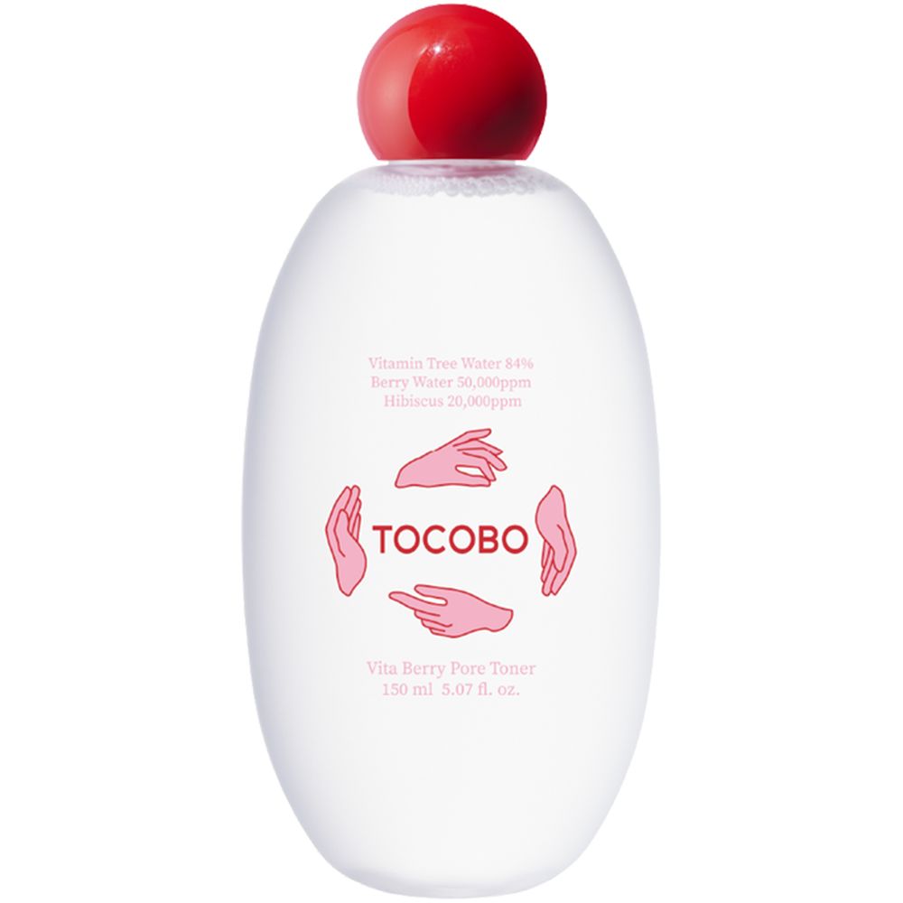 Flacone ovale con tappo rosso. Scritta: TOCOBO Vita Berry Pore Toner. Prodotto in dettaglio, senza sfondo.