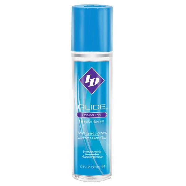 ID Glide Natural Feel lubrificante a base d'acqua in flacone trasparente con erogatore blu.