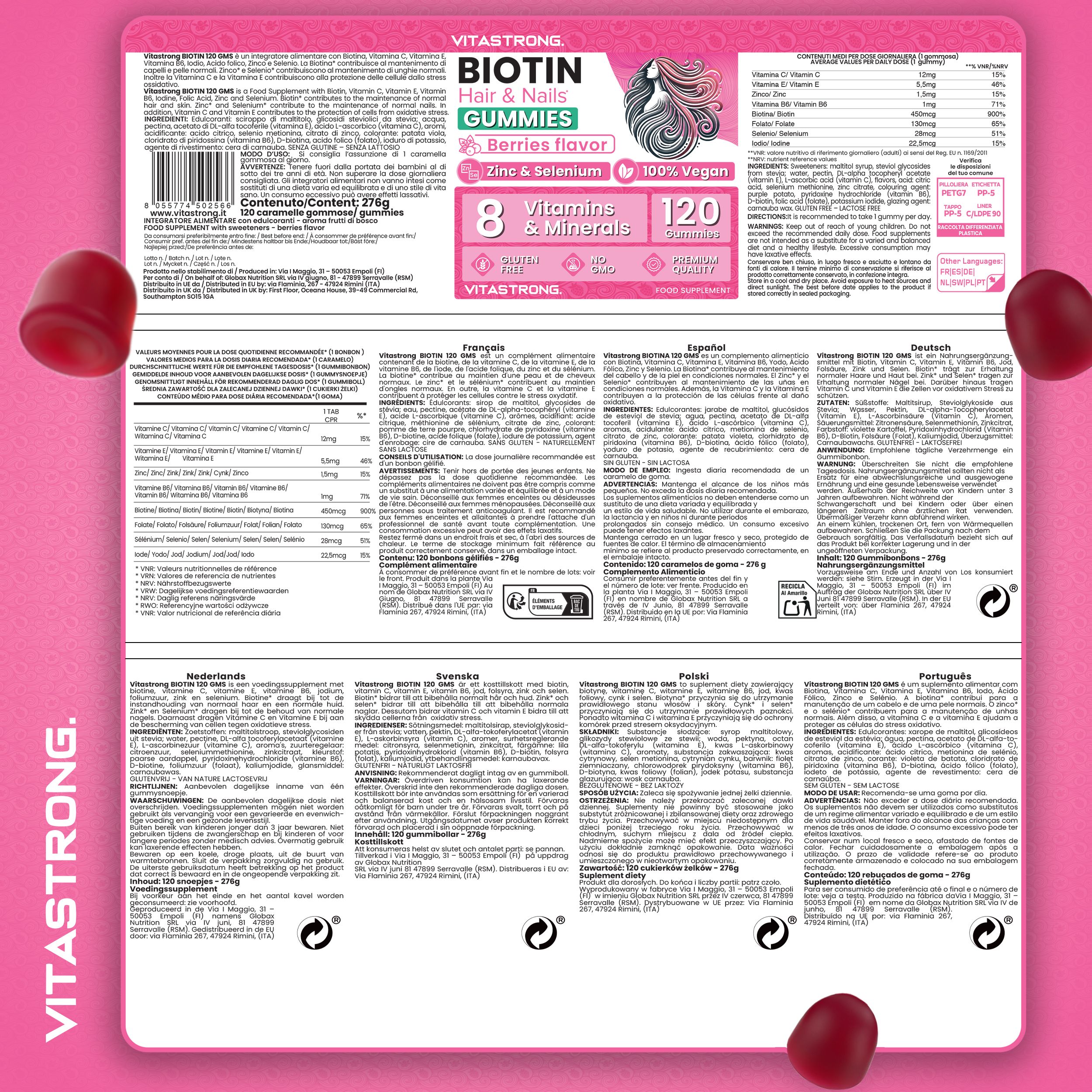 Confezione con informazioni sulle gommosi. Contiene informazioni nutrizionali e ingredienti in diverse lingue.